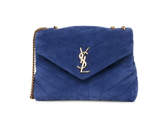 Royal blue textured YSL crossbody bag with a gold chain