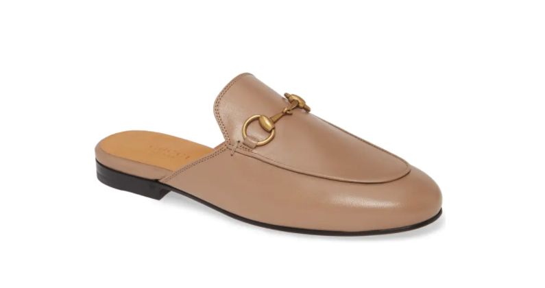 nude mule slip on shoes with gold hardware