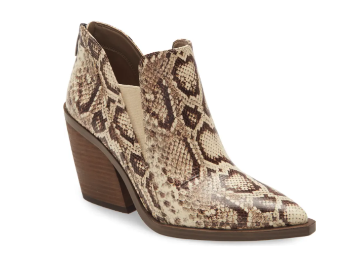 neutral colored snake print booties