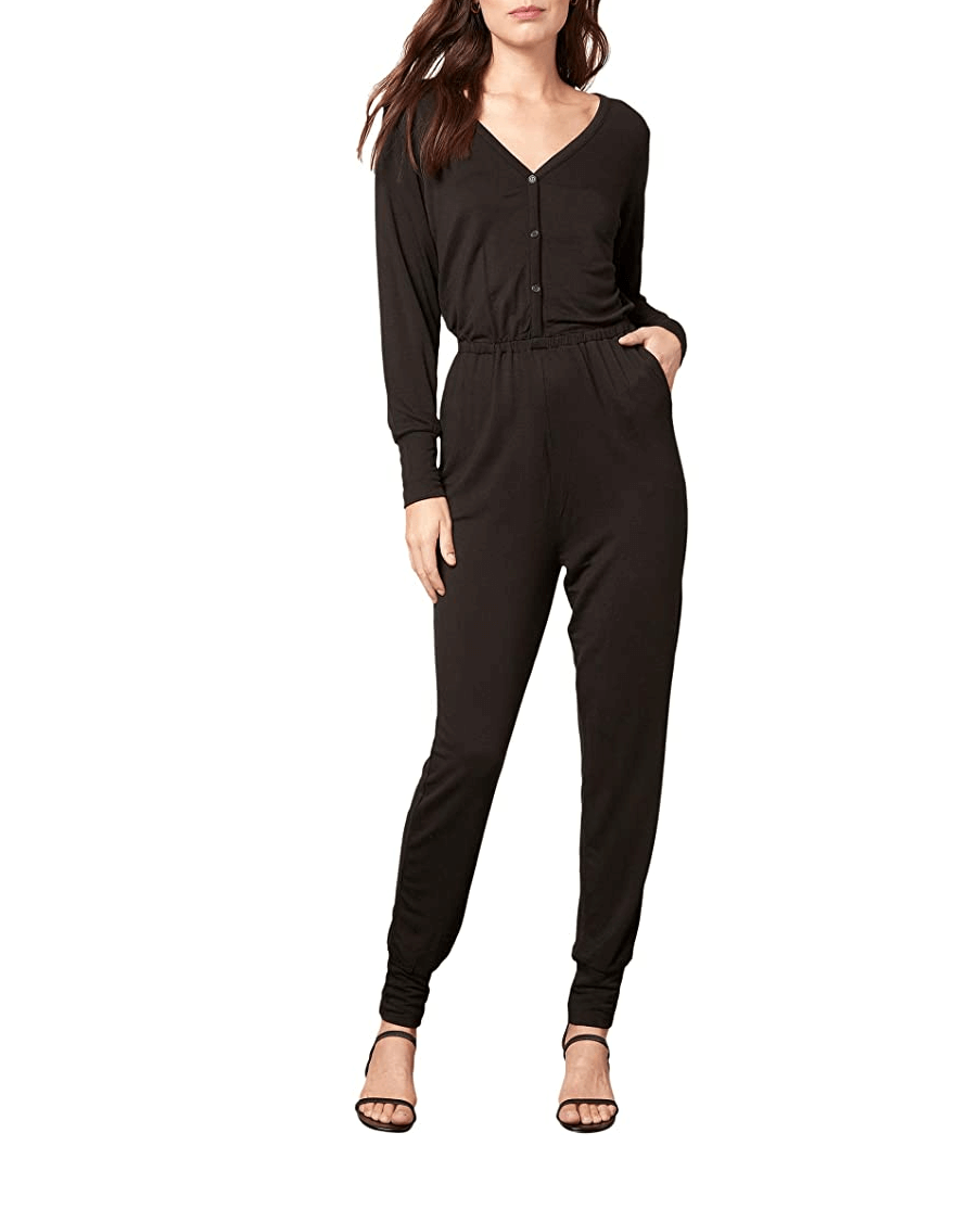 model wearing long sleeve black jumpsuit