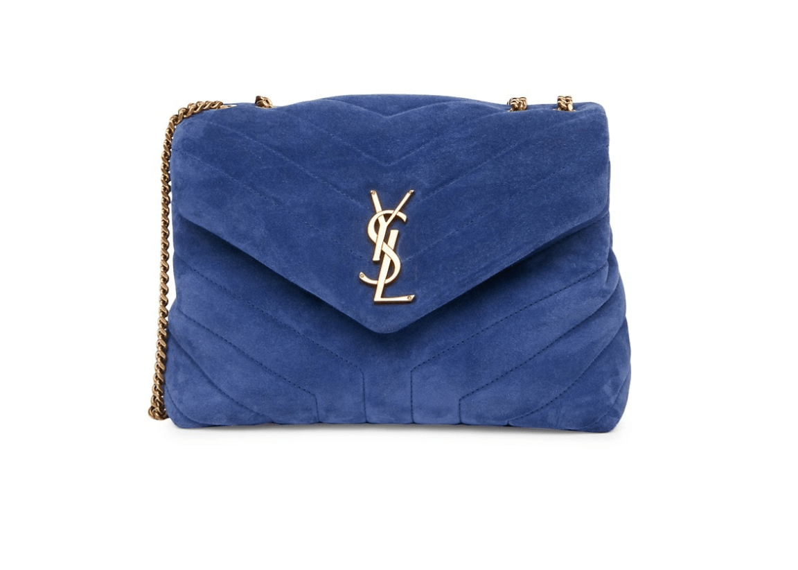 Royal blue textured YSL crossbody bag with a gold chain