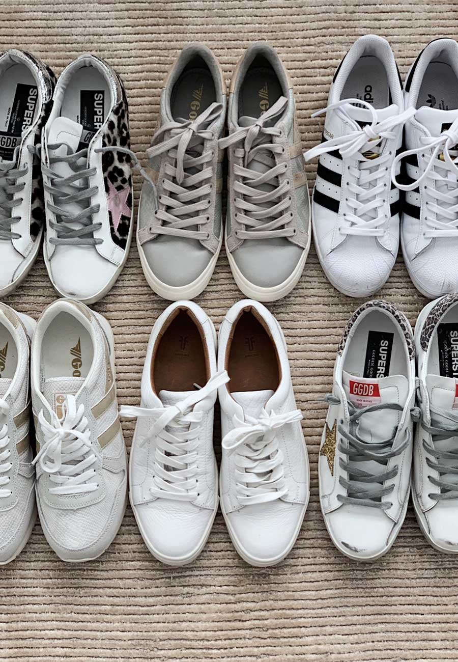 Various white and gray sneakers